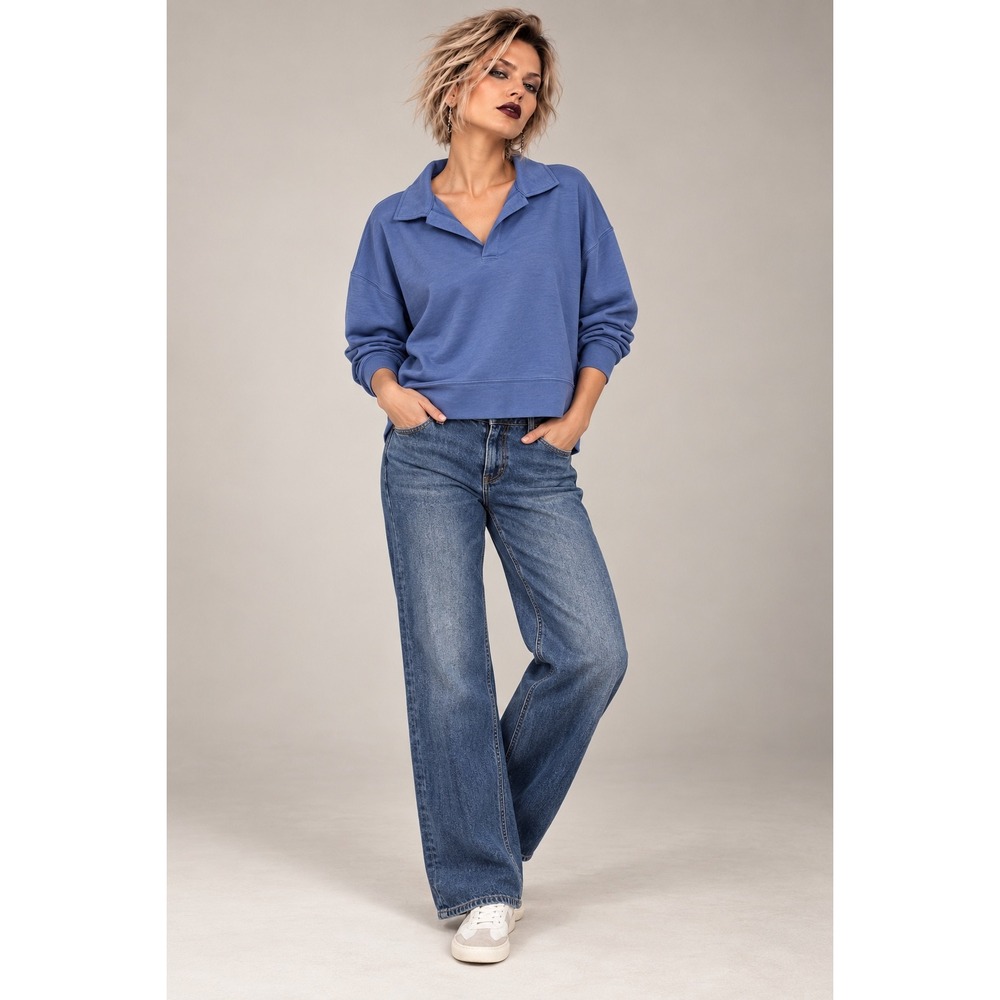 Earth Yoga L Blue Polo Sweatshirt EcoVero Relaxed Sustainable NWT